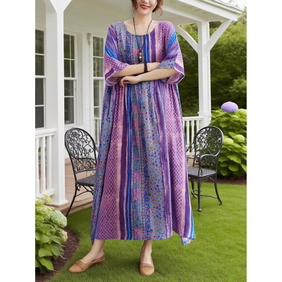 Women Summer Dress Plus Size Boho Floral Loose Fit with Pockets Purple - Picture 4 of 8